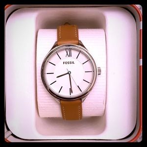 Simple Silver Fossil Watch with Brown Leather Band